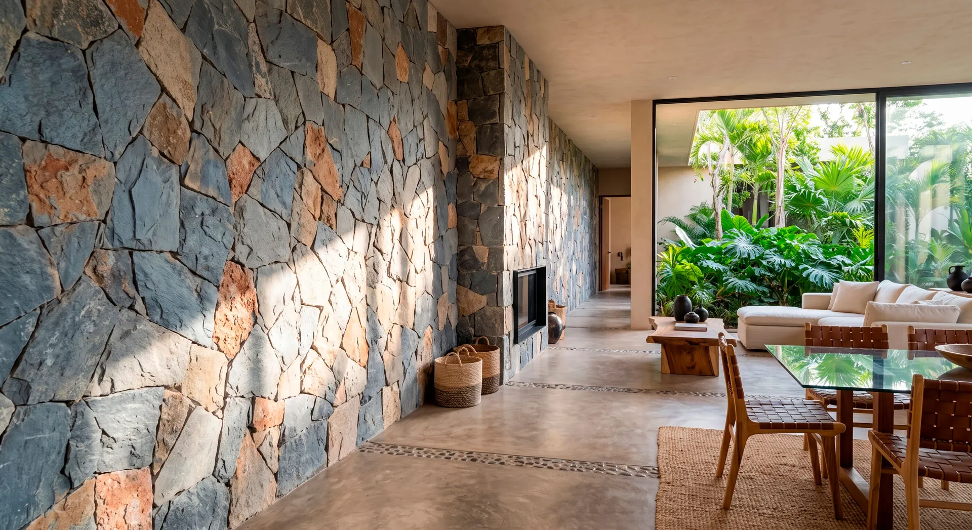 Casa moderna de dos pisos con fachada blanca, muro de cantera, iluminación cálida y jardín con plantas suculentas.
