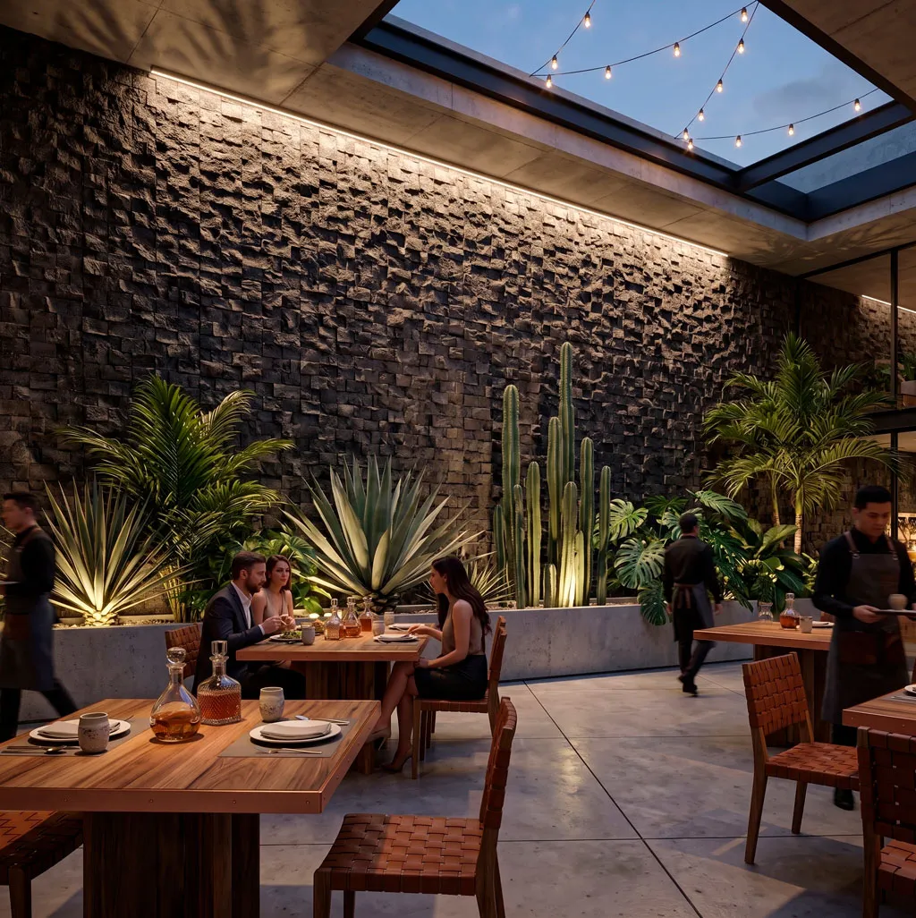 Casa moderna de dos pisos con fachada blanca, muro de cantera, iluminación cálida y jardín con plantas suculentas.